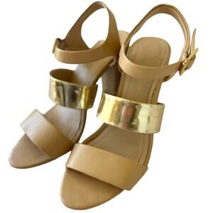 BCBGeneration Nude and‎ Gold Heels, Sz 7.5 B, Strappy